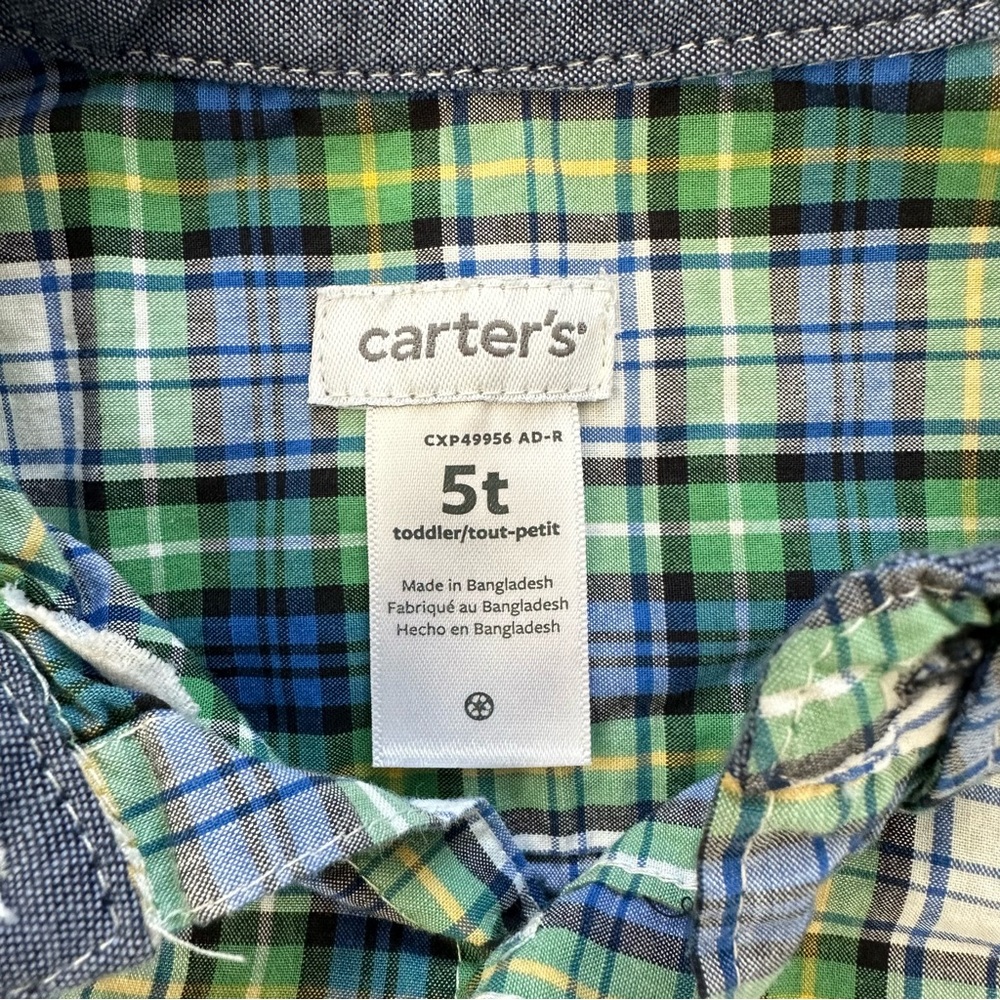 Carter’s Toddler Boys 5T Button Up Long Sleeve Dress Shirt Plaid Blue Green EUC! - Picture 4 of 8